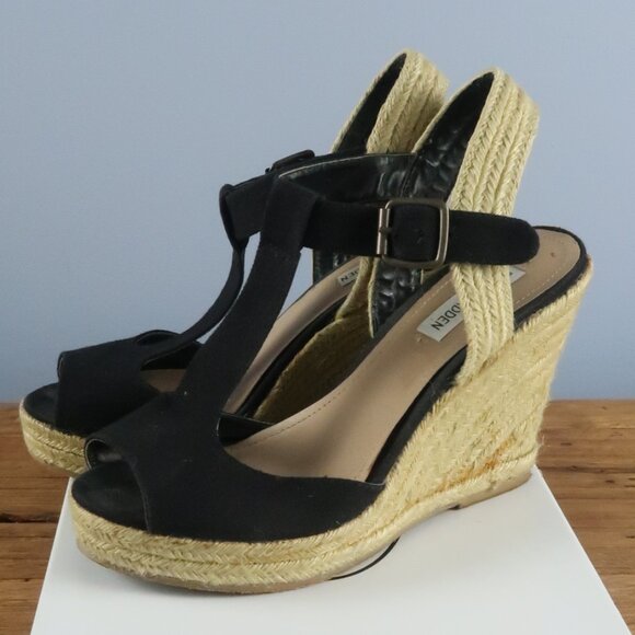 STEVE MADDEN BLACK FABRIC WOVEN WADE WEDGE SANDAL SIZE 9 - Picture 1 of 8